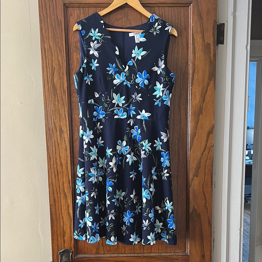 Blue and White Sleeveless A-Line Midi Dress